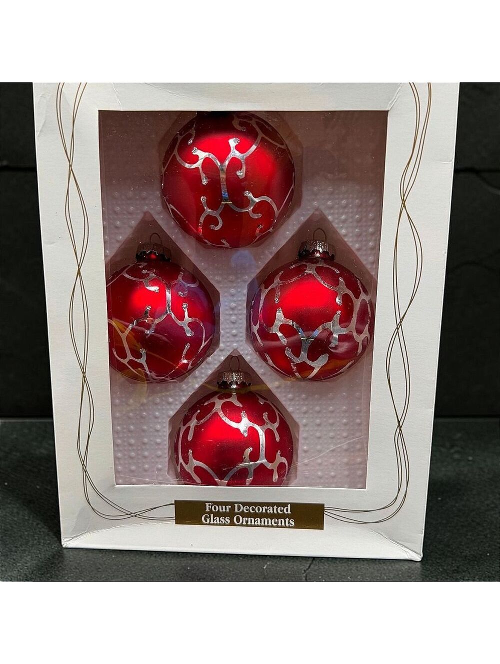 Vintage Glass Christmas Ornaments Set of 4 Red Silver Glitter Balls Boxed